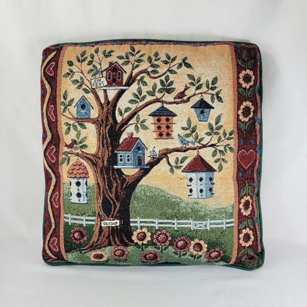 Vintage Mohawk Home Tapestry Needlepoint Throw Pillow Bird House Cottagecore 16"